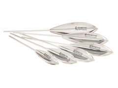 Set of metallic fishing weights with 'Kinetic' branding on a white background