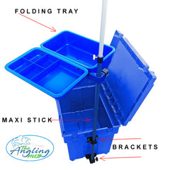 Yuki Fishing Adapter Brackets Set Blue folding tray with maxi stick and brackets labeled, featuring The Angling Hub logo.