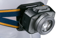 Fenix headlamp on a person wearing a white shirt with blue and yellow headband.