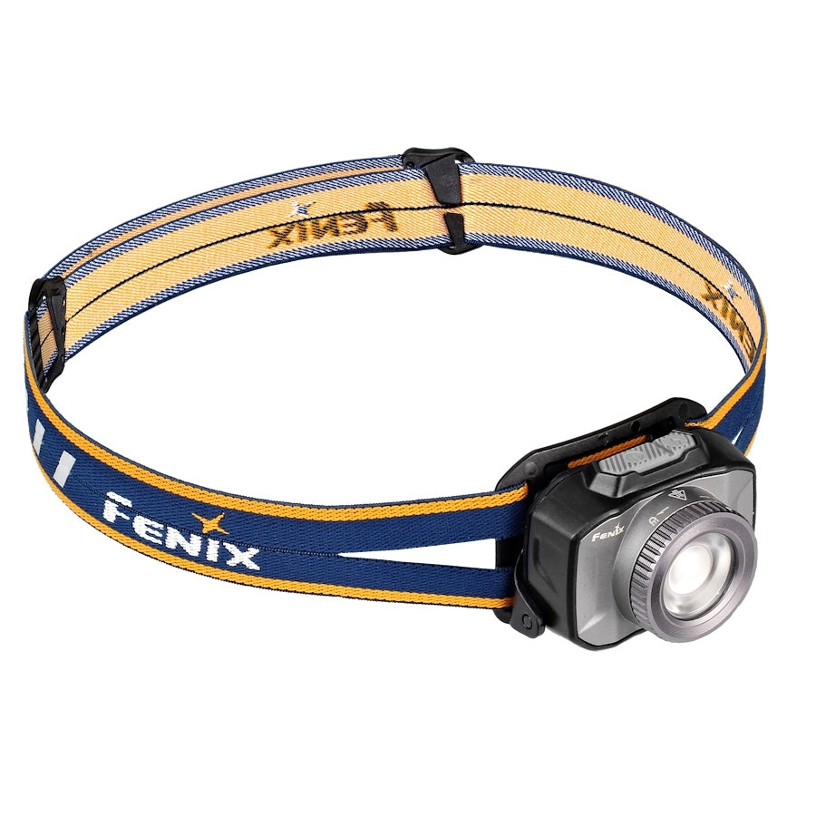 Fenix headlamp with blue and yellow strap on a white background