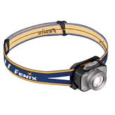 Fenix headlamp with blue and yellow strap on a white background
