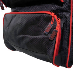 Black Tronixpro Sea Fishing Rucksack with red zippers and accents on a white background
