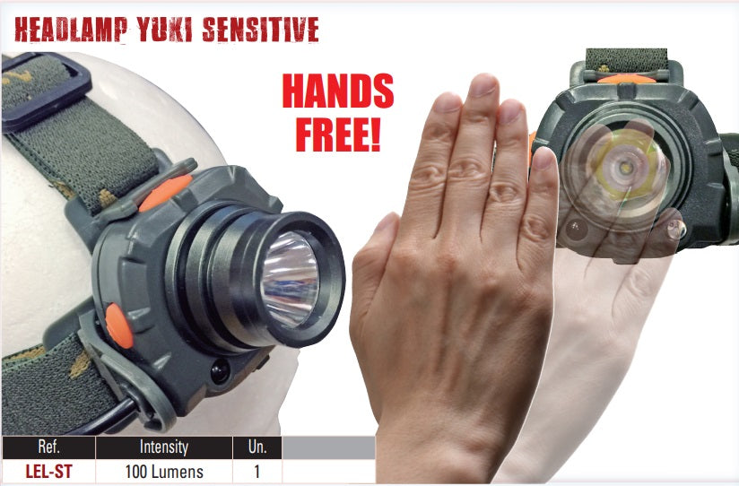 Yuki Sensitive Smart Headlamp with 'Hands-Free!' text and a hand gesture, on a white background.