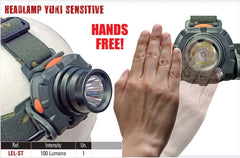 Yuki Sensitive Smart Headlamp with 'Hands-Free!' text and a hand gesture, on a white background.