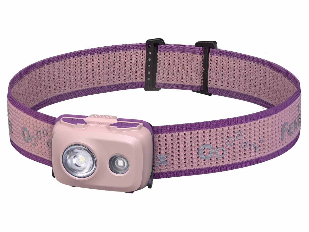 Pink and purple Fenix HL16 Parent-Child Headlamp (Pink) with a textured strap on a white background