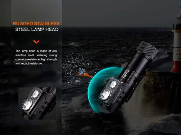 Flashlight with rugged stainless steel lamp head against a lighthouse backdrop