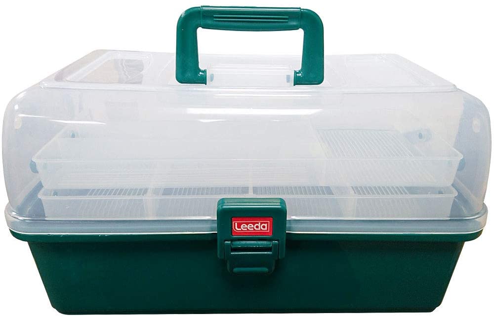 Green and clear Leeda Deluxe 2 Tray Cantilever Tackle Box with 'Leedo' branding on a white background