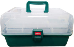 Green and clear Leeda Deluxe 2 Tray Cantilever Tackle Box with 'Leedo' branding on a white background