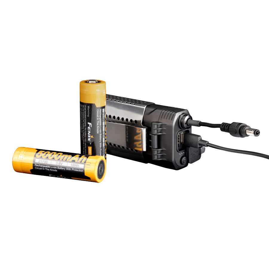 Battery charger with two batteries on a white background