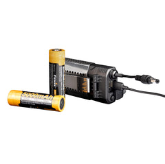 Battery charger with two batteries on a white background