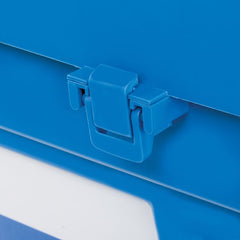 Close-up of a blue metal toolbox with a latch on a white background